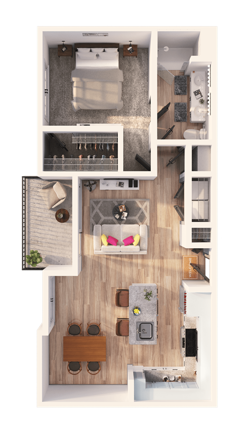 Floor plan for 1 bed, 1 bath, 882 sqft